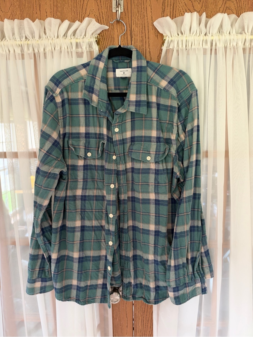 American Eagle Outfitters Green and Blue Plaid Button-Down Shirt